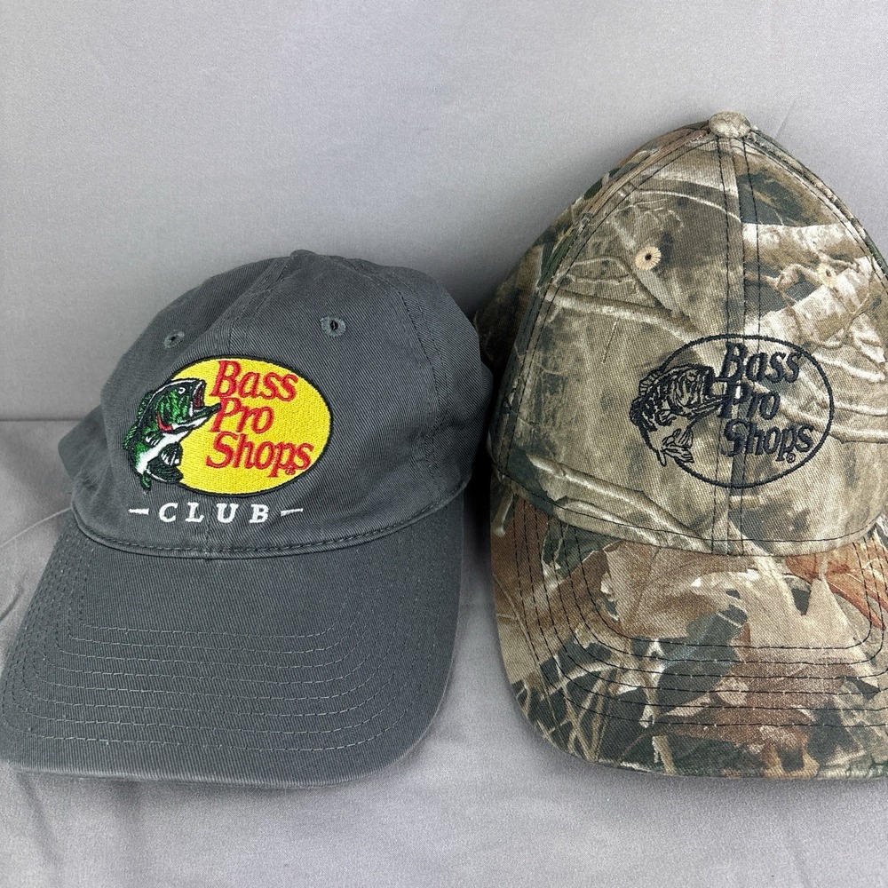 Lot of 2 Bass Pro Shop Hats, Club Logo Gray & Classic Logo Camo Strapback